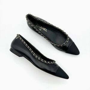 CHANEL Black Chain Ballet Flat Size 38 CC Logo Leather Grosgrain Pointed Toe